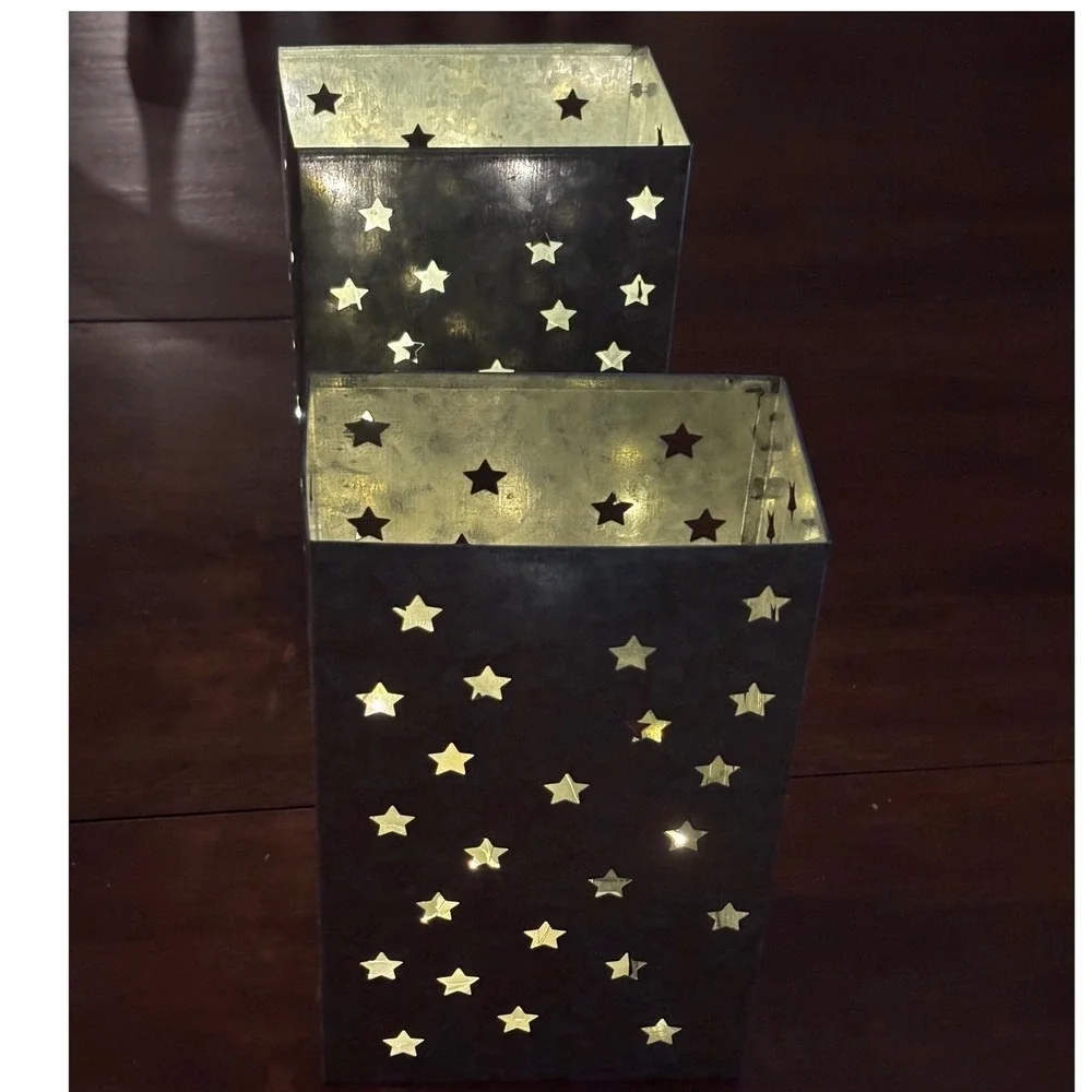 Galvanized Metal Star Cutout LED Lanterns Set of 2 Silver Rustic Good